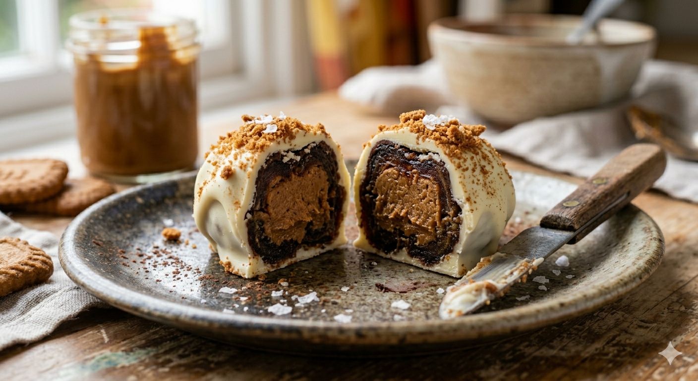 Lotus Biscoff Medjool date cut in half showing caramel filling