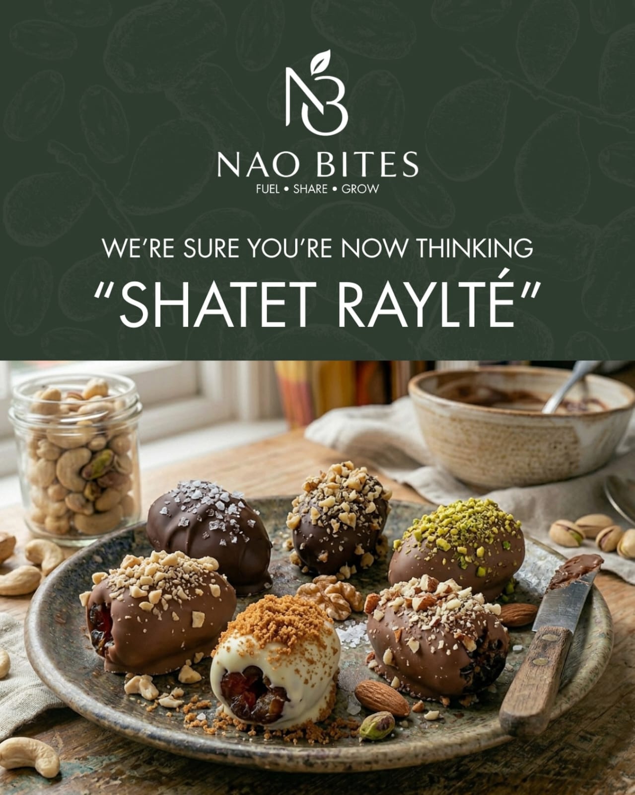 A plate of NAO BITES chocolate-dipped Medjool dates